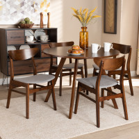 Baxton Studio Parlin/Hexa-Smoke/Walnut-5PC Dining Set Philip Mid-Century Modern Transitional Light Grey Fabric Upholstered and Walnut Brown Finished Wood 5-Piece Dining Set